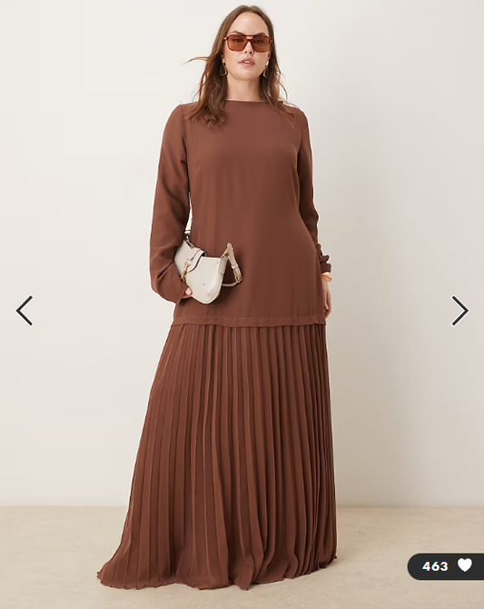 ASOS DESIGN Curve long sleeved pleated skirt maxi dress in chocolate