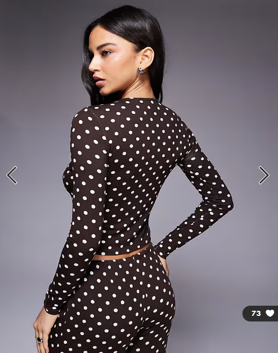Kaiia exclusive super soft jersey button through long sleeve top co-ord in brown and cream polka dot