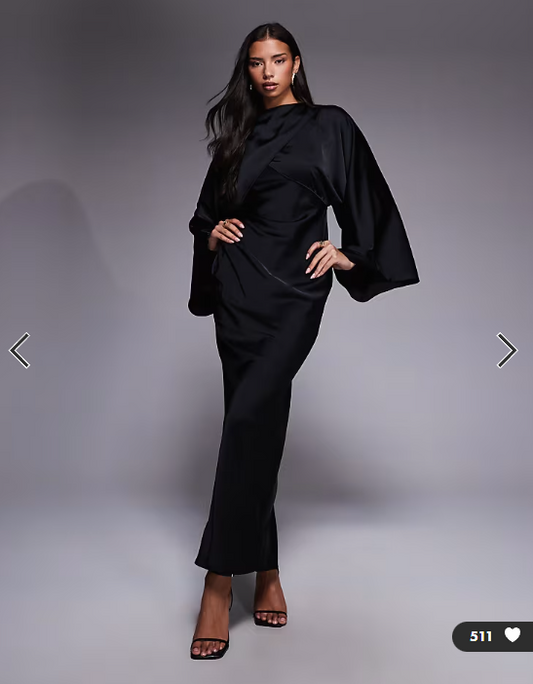 ASOS DESIGN wrap front batwing satin bias maxi dress in black