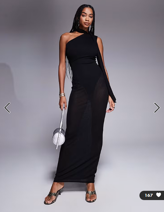 Asos - Kaiia exclusive one shoulder mesh scarf detail sheer maxi dress in black