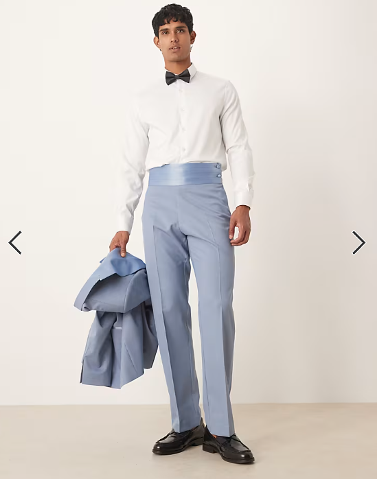 ASOS DESIGN straight tuxedo suit trousers with cummerbund waistband in blue