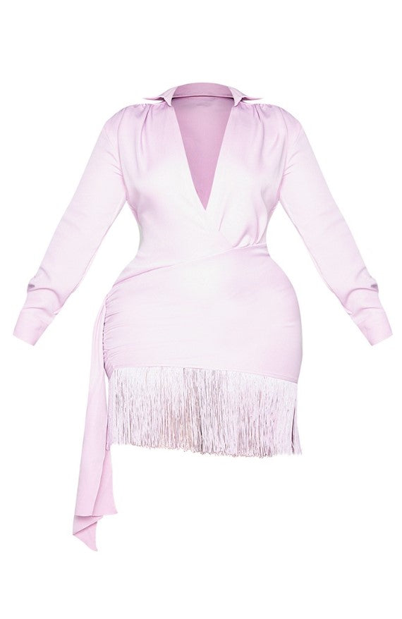 Plus Lilac Long Sleeve Tassel Hem Drape Detail Bodycon Dress