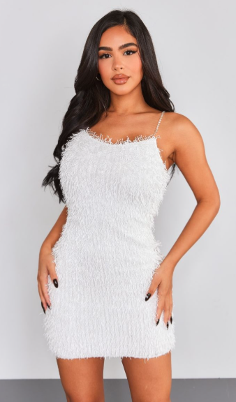 Petite White Faux Feather Glitter Mini Dress