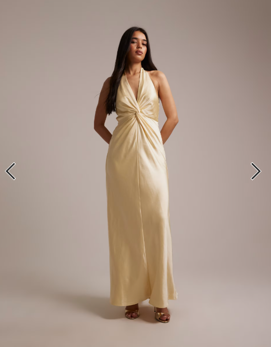 Six Stories Bridesmaids satin plunge neck knot detail maxi dress in lemon