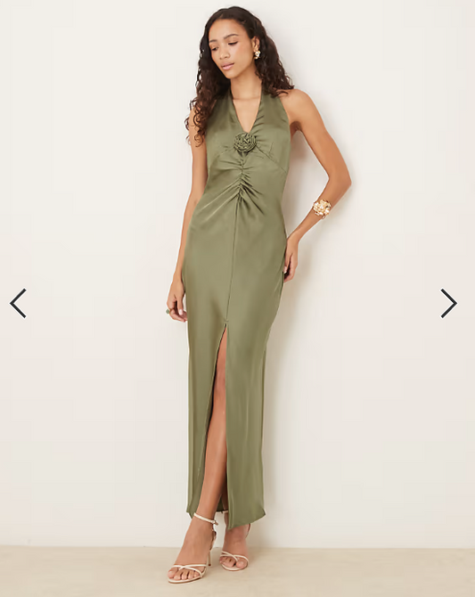 Gina Tricot - satin halterneck maxi dress in khaki
