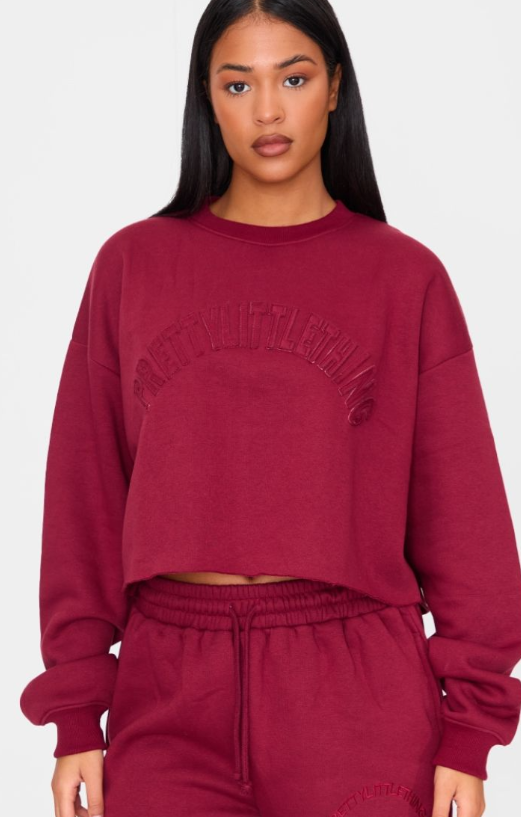 Plt - Tall Burgundy Distressed Varsity Cropped Sweatshirt