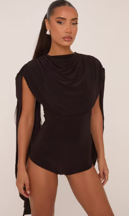Cap Sleeve Drape Cape Detail Micro Playsuit In Chocolate Black Slinky