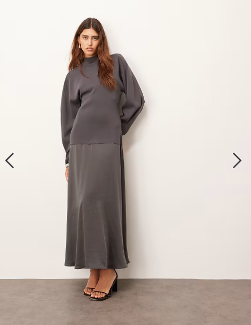 ARRANGE hybrid knit mix sculpted sleeve maxi dress in charcoal
