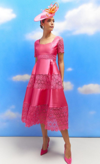 Lisa Tan Square Neck Lace Insert Twill Midi Dress