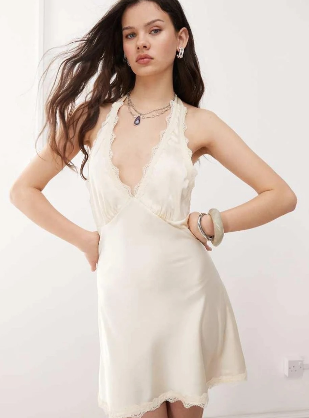 Lioness Stars Align satin lace trim halterneck plunge mini slip dress in cream