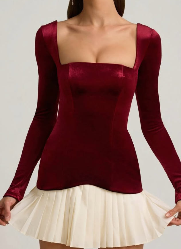 OhPolly - Layered Pleated Corset Mini Dress in Wine Red