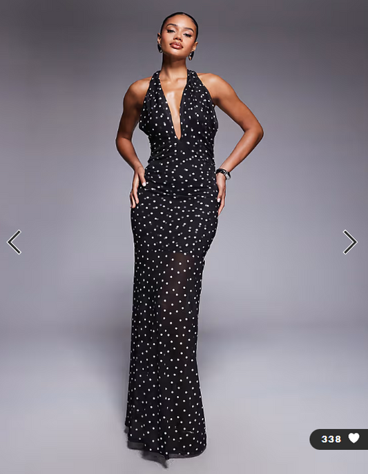 ASOS DESIGN halterneck detail mesh maxi dress with sheer skirt in polka dot print