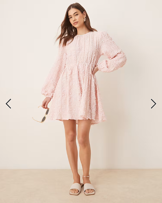 Gina Tricot textured mini dress with open tie back and volume sleeves in pink