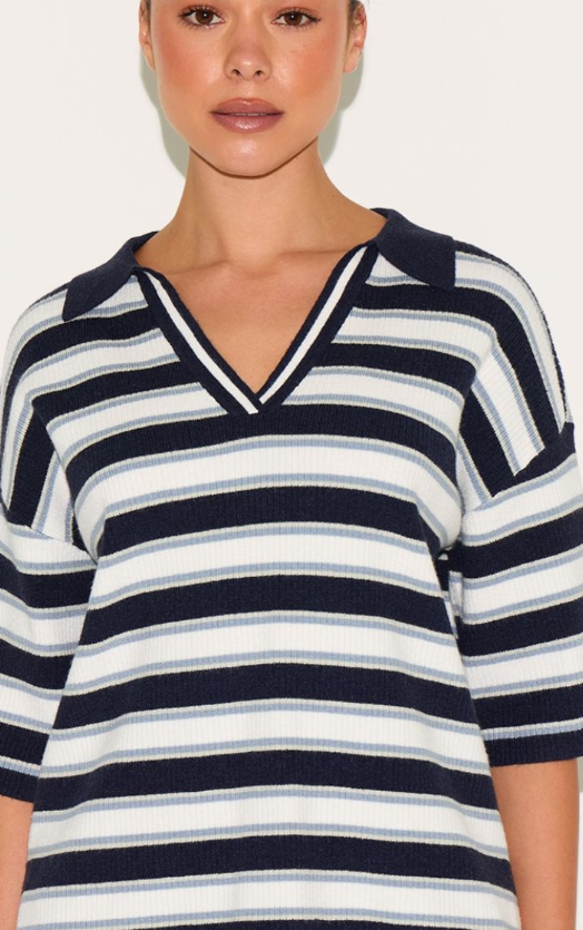 Black Stripe Soft Knit V Neck Collar Polo Top