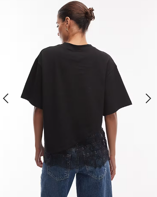 ASOS DESIGN short sleeve t-shirt with lace hem detail in black