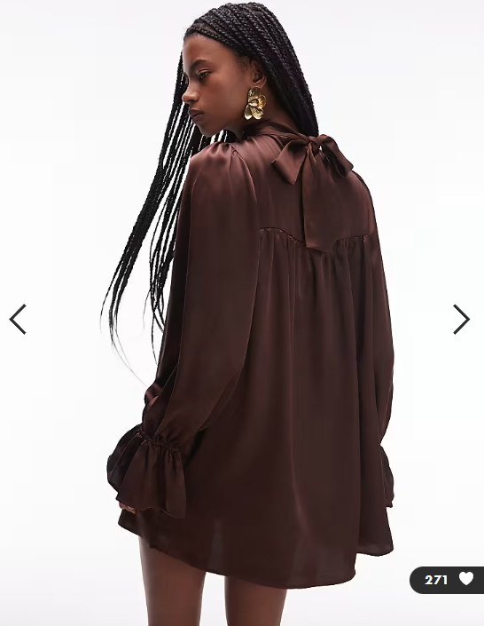 ASOS DESIGN satin high neck blouson sleeve mini dress in chocolate