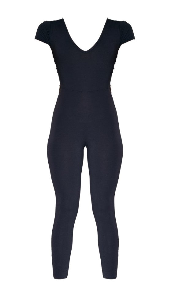 Black V Neck Short Sleeve Jersey Jumpsuit