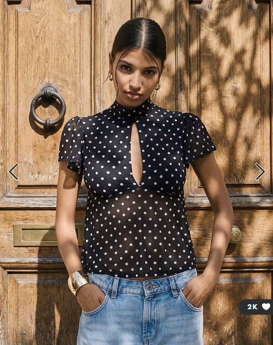 ASOS DESIGN floaty mesh flutter sleeve top with tie back detail in black polka dot
