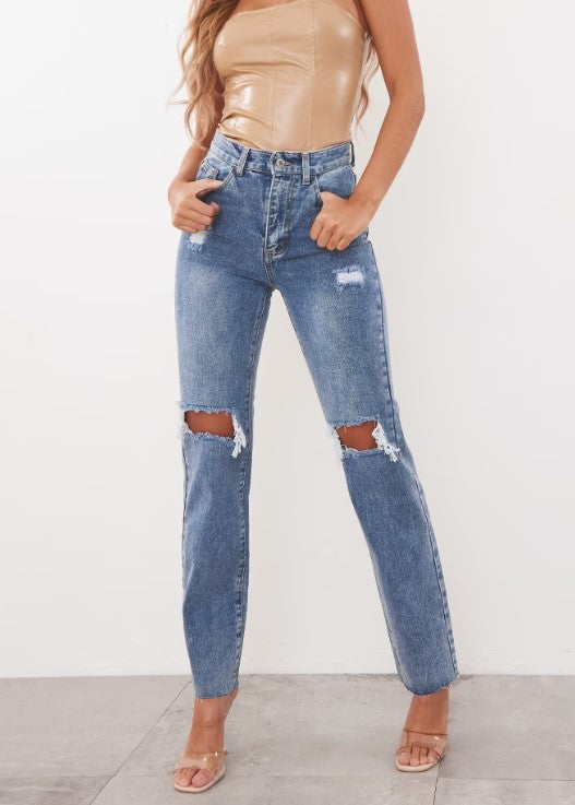 Mid Wash High Rise Ripped Straight Leg Jeans