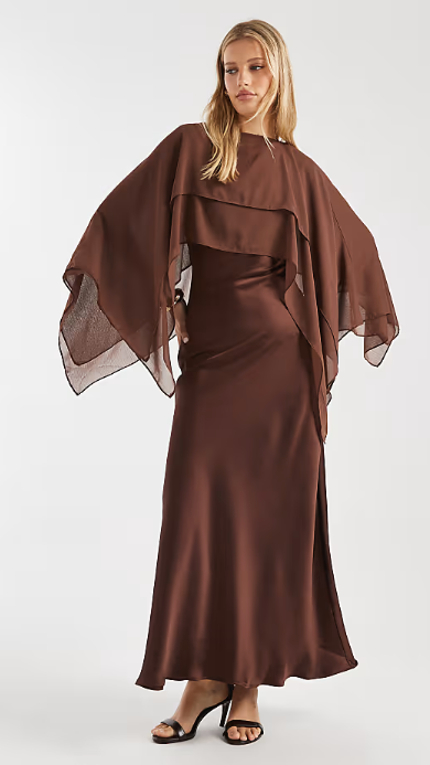 ASOS DESIGN chiffon cape detail maxi dress in chocolate