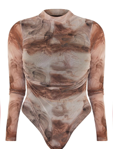 Shape Brown Smoke Print Mesh Ruched High Neck Bodysuit