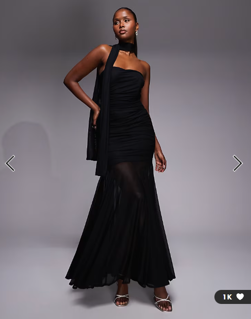TFNC bandeau maxi dress with full sheer skirt and scarf detail in black