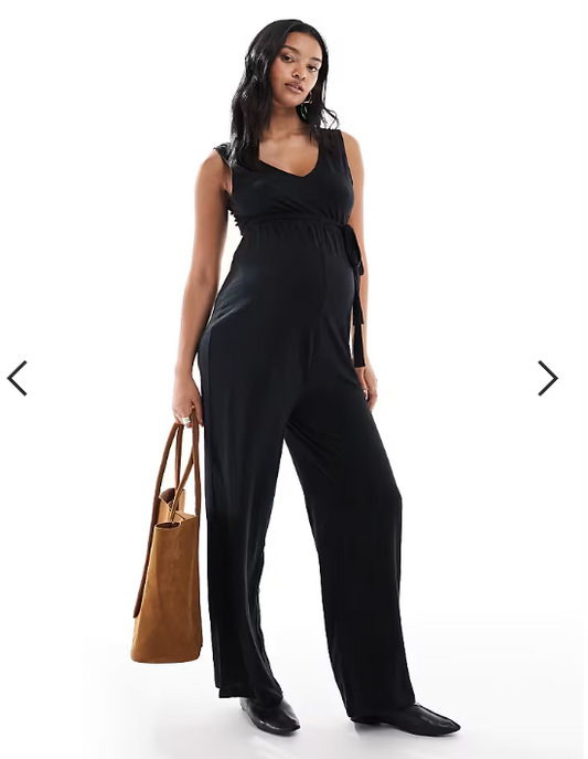 Mamalicious Maternity v neck tie waist jersey wide leg jumpsuit in black