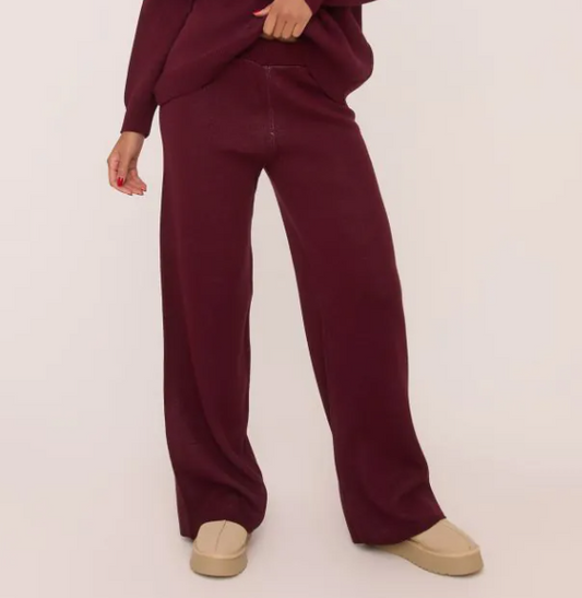 High Waist Wide Leg Joggers In Burgundy Knit