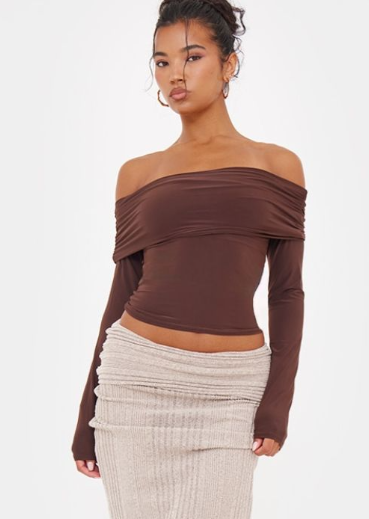 Brown Slinky Bardot Long Sleeve Long Top