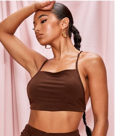 Chocolate Brown Slinky Tie Cross Back Crop Top