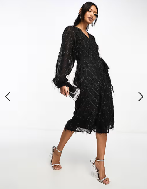Vila fluffy textured wrap midi dress in black