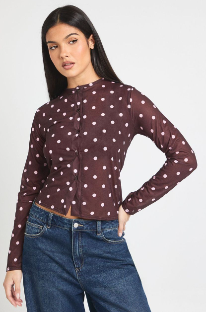 Boohoo - Polka Dot Print Mesh Button Through Top