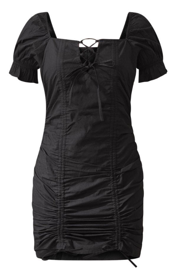 Black Lace Up Ruched Puff Sleeve Bodycon Dress