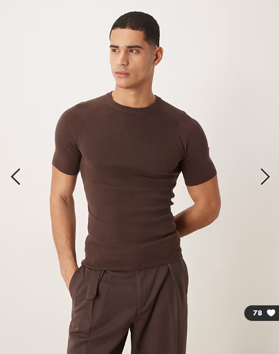 ASOS DESIGN essential muscle fit knitted rib saddle sleeve t-shirt in brown