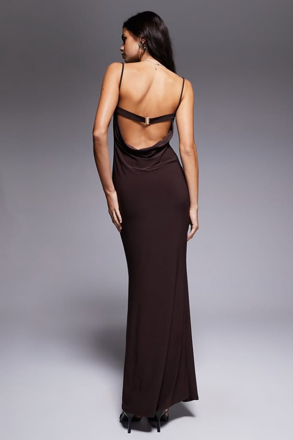 Asos -cowl drape maxi slip dress with faux bra strap in brown