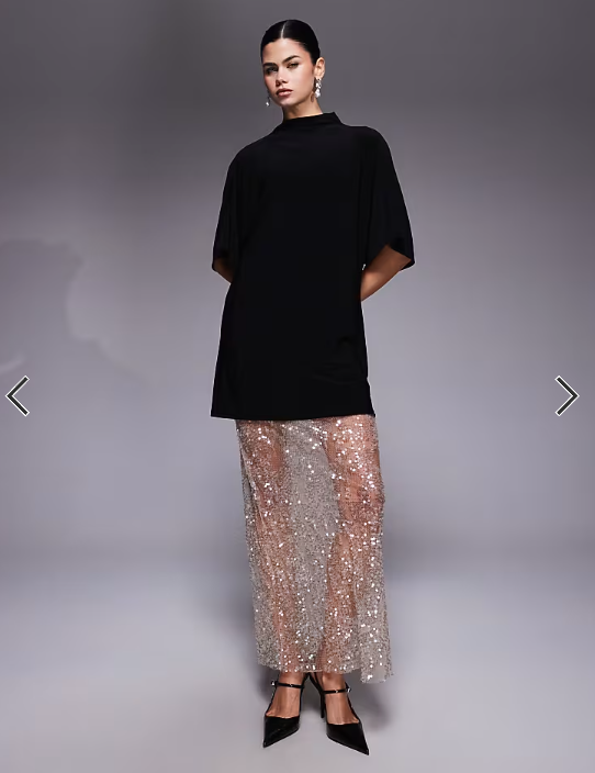 ASOS DESIGN 2 in 1 short sleeve t-shirt and lace sequin skirt maxi dress in champagne
