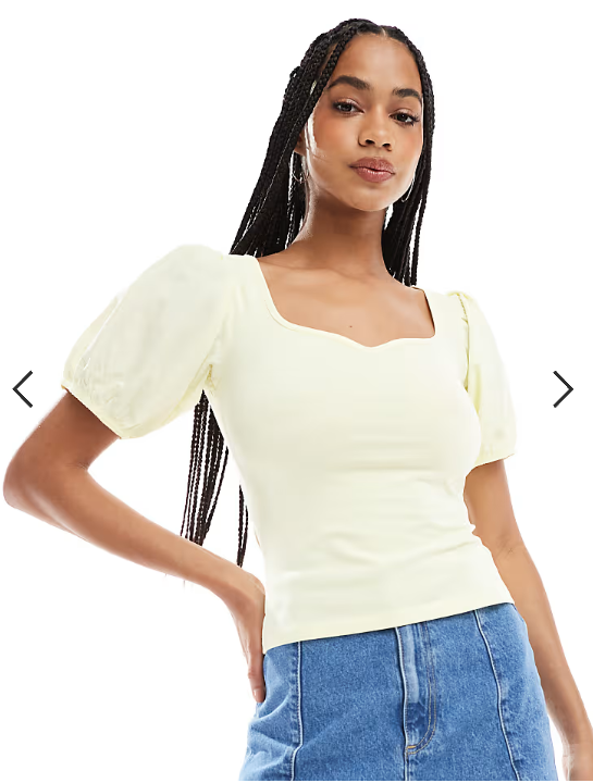 ASOS DESIGN poplin mix puff sleeve sweetheart top in buttermilk yellow