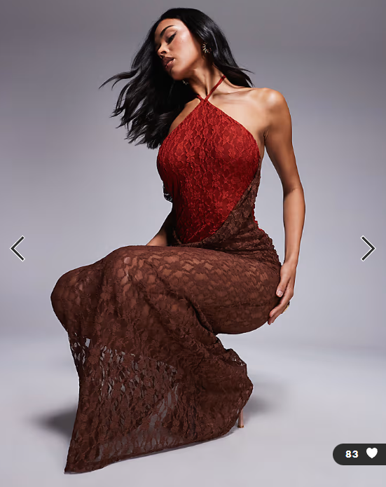 ASOS DESIGN lace halter maxi dress with twist skirt detail in red and chocolate