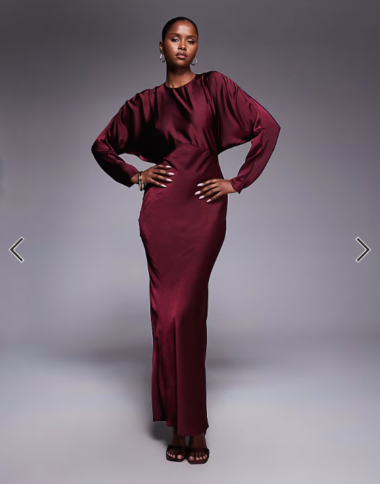 ASOS DESIGN satin batwing maxi dress in burgundy