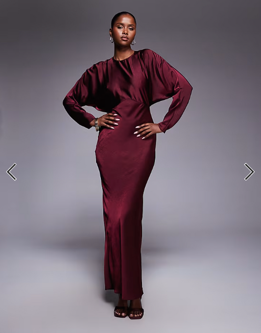 ASOS DESIGN satin batwing maxi dress in burgundy