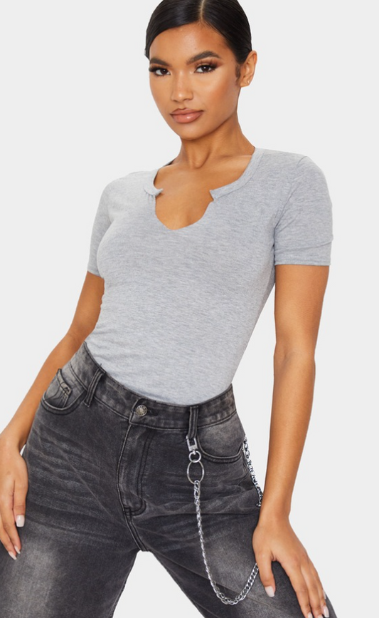 Grey Jersey V Neck Short Sleeve T Shirt