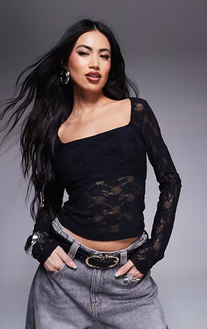 ASOS DESIGN square neck sheer lace top in black