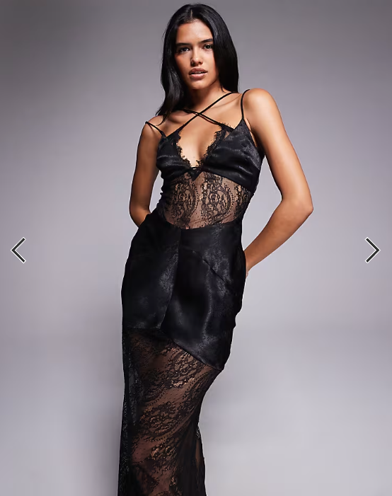 ASOS DESIGN satin and lace mix sheer bodice cami maxi dress in black