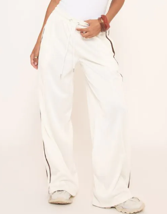 Mid Rise Tie Waist Detail Contrast Side Stripe Joggers In Cream