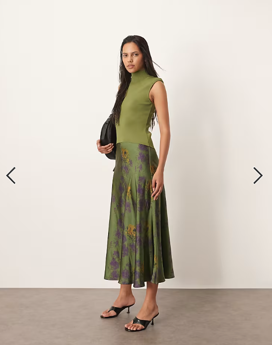 ARRANGE knit drop waist midi dress with satin skirt in inky floral