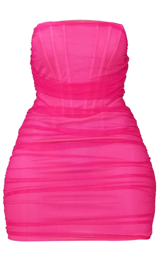 Shape Hot Pink Mesh Corset Detail Ruched Bodycon Dress