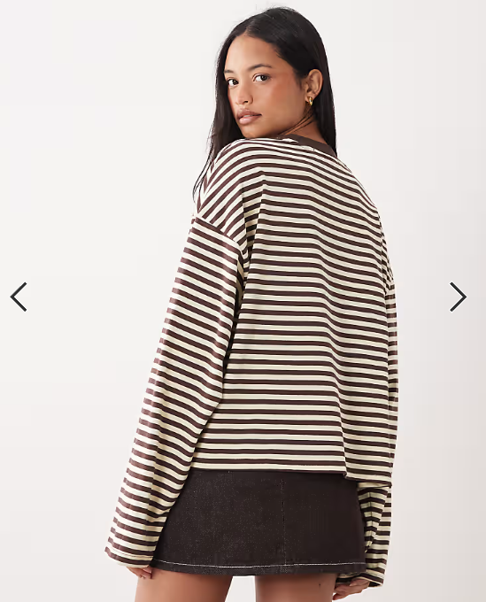 Lioness Bloom cotton blend long sleeve crew neck boxy t-shirt in chocolate and lemon stripe