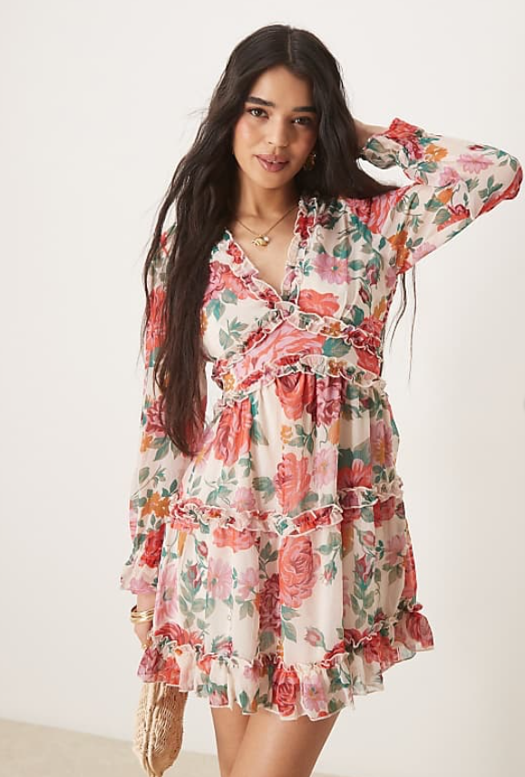 Vila chiffon frill detail mini dress in red rose print