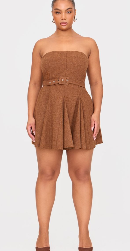 Plus Brown Pleated Bandeau Belted Mini Dress