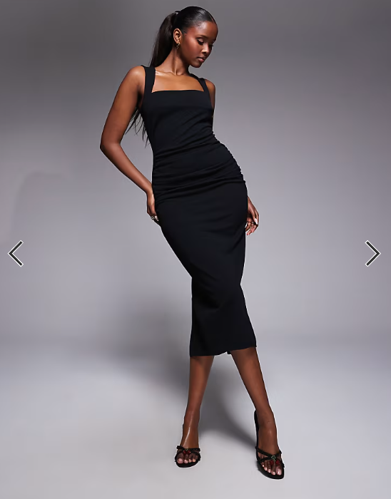 ASOS DESIGN square neck ruched waist midi dress in black